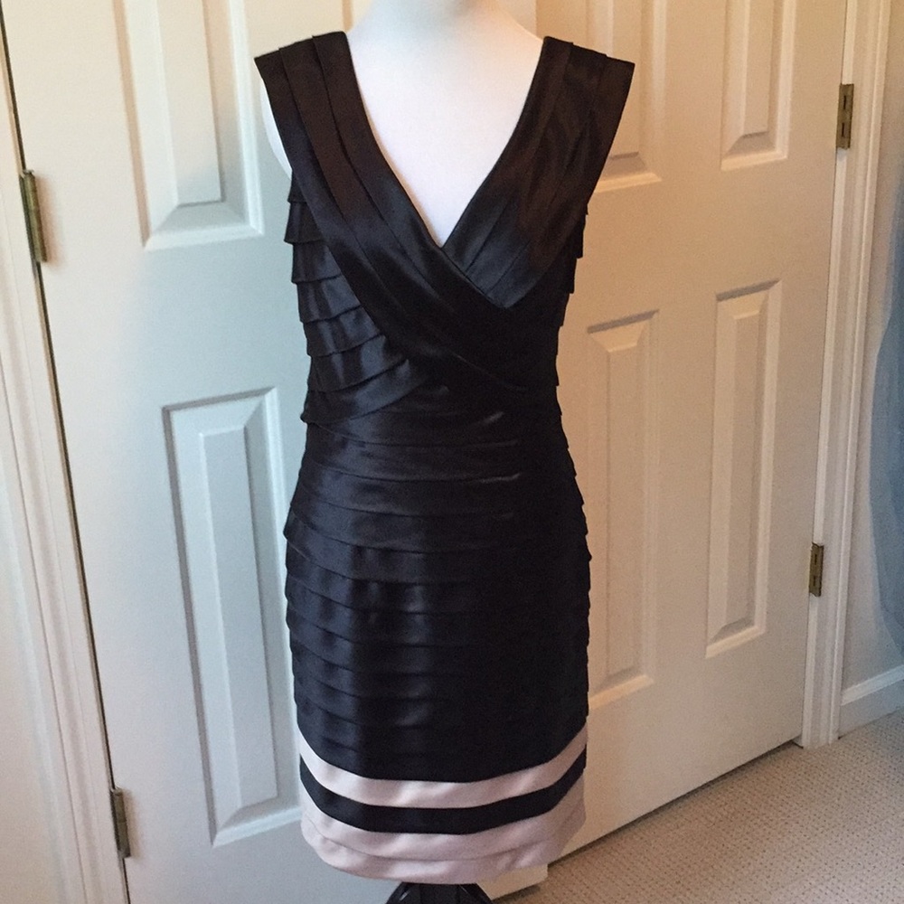 Michaela Louisa black satin pleated cocktail dress